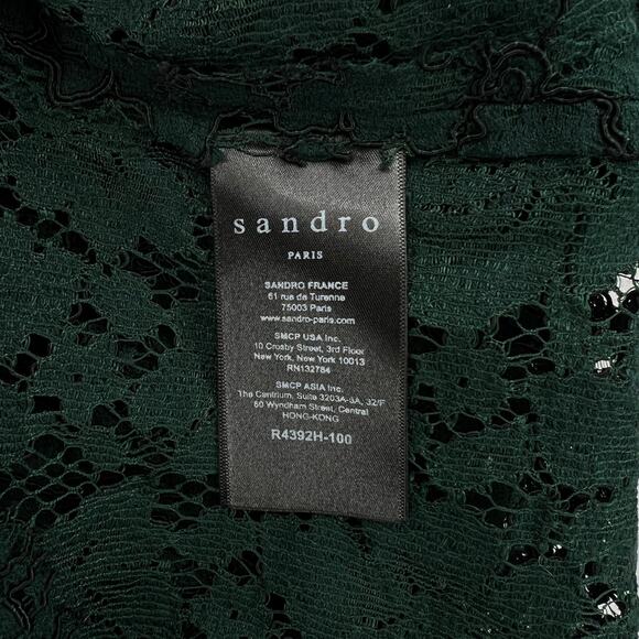 SANDRO Lace Dress Womens Small Green Long Sleeve Tie Neck Mini Sheath - Picture 14 of 16